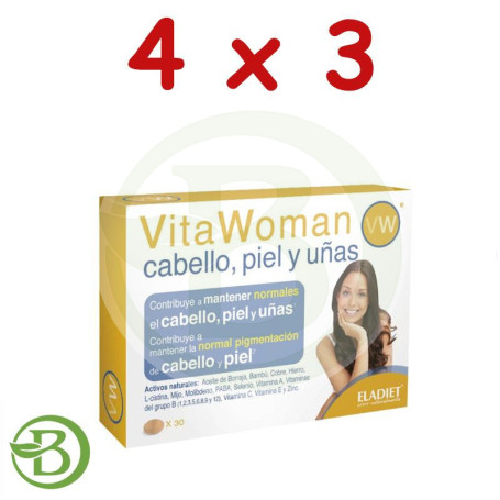 Pack 4x3 Vitawoman Cabello, Piel, Uñas 30 Comprimidos Eladiet