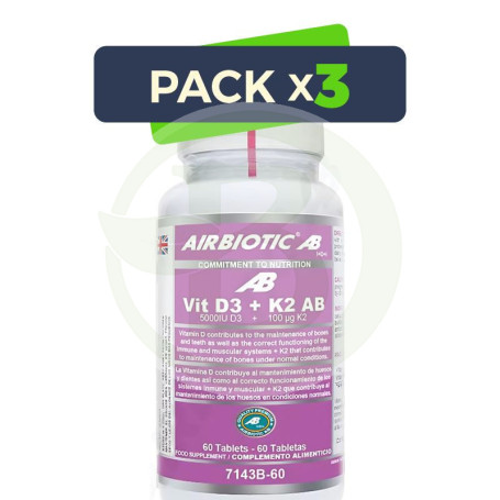 Pack 3x Vit D3 + K2 (5.000 Ui D3 + 100 Μg K2) 60 Tabletas Airbiotic
