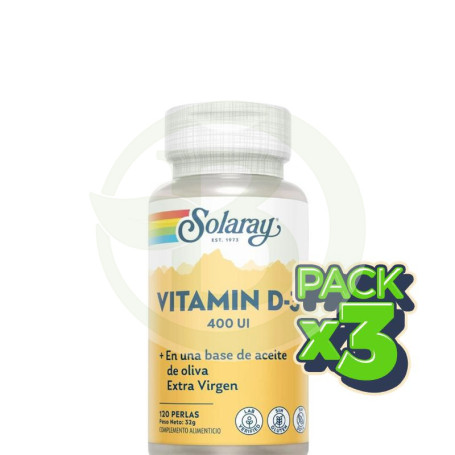 Pack 3x Vitamina D3 400UI 120 Perlas Solaray