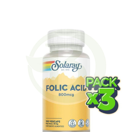 Pack 3x Ácido Fólico 800Mcg. 100 Cápsulas Vegetales Solaray