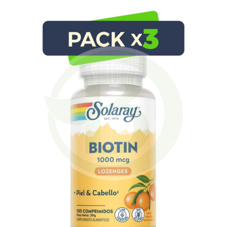Pack 3x Biotin 1000Mcg 100 Comprimidos Sabor Naranja Solaray