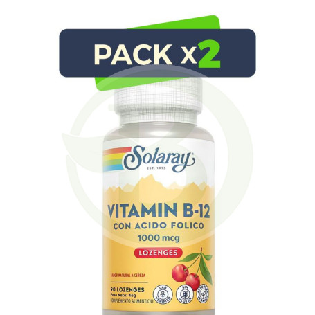 Pack 2x Vitamina B12 y Ácido Fólico 1.000Mcg. 90 Comprimidos Solaray