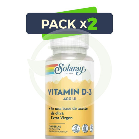 Pack 2x Vitamina D3 400UI 120 Perlas Solaray