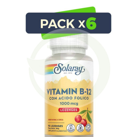 Pack 6x Vitamina B12 y Ácido Fólico 1.000Mcg. 90 Comprimidos Solaray