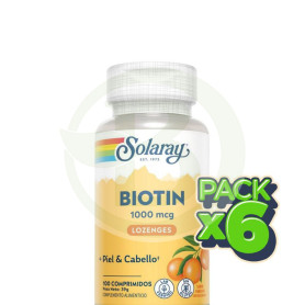 Pack 6x Biotin 1000Mcg 100 Comprimidos Sabor Naranja Solaray