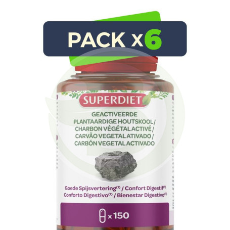 Pack 6x Carbón Vegetal Activado 150 Cápsulas Superdiet