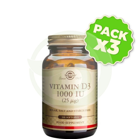 Pack 3x Vitamina D3 1.000UI (25Mcg.) 100 Cápsulas Solgar