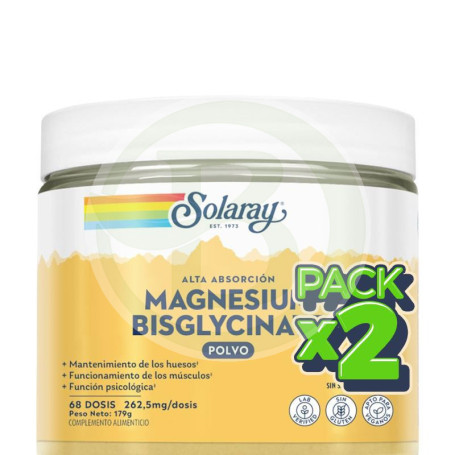 Pack 2x Magnesium Bisglycinate Polvo 179G (68 Dosis) Solaray