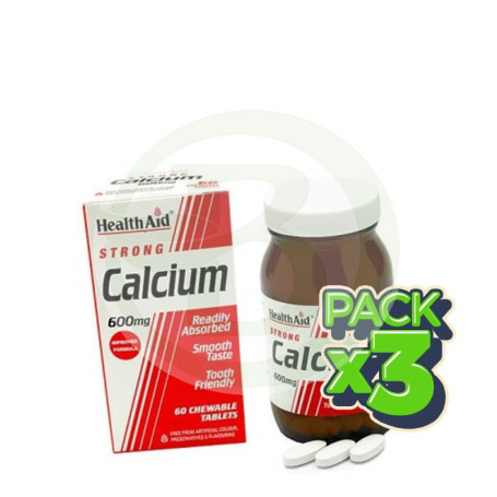 Pack 3x Calcio 600Mg. (Comprimidos Masticables) Health Aid