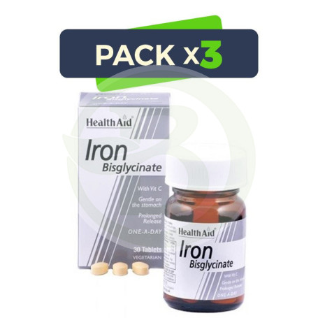 Pack 3x Hierro (Bisglicinato) 30Mg. 90 Comprimidos Health Aid