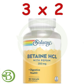 Pack 3x2 Betain Hcl con Pepsina 250Mg 180 Cápsulas Vegetales Solaray