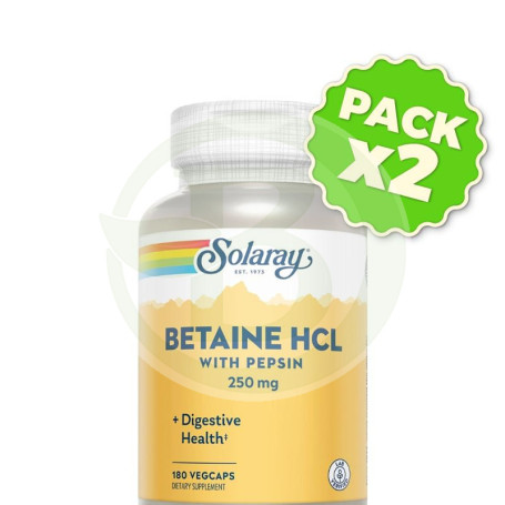 Pack 2x Betain Hcl con Pepsina 250Mg 180 Cápsulas Vegetales Solaray