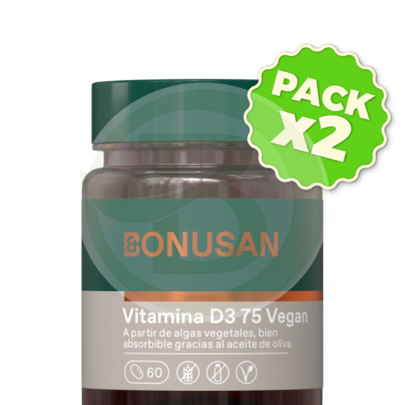 Pack 2x Vitamina D3 75 Vegan 60 Perlas Bonusan